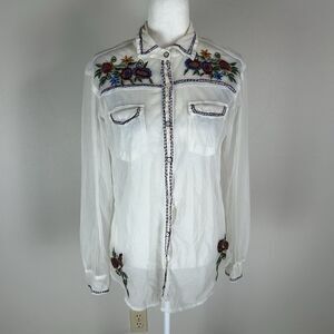 Avani Large Button Up Shirt Top Blouse Sheer Embroidery Floral Western Country
